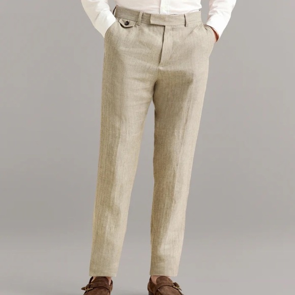 NWT Billy Reid Herringbone Flat Front Trouser 100% Linen Highway Grey Tan 31 - Picture 1 of 13